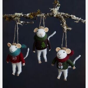 Anthropologie Ornament Set/3 MICE IN SWEATERS Wool Hanging Holiday Tree NWT